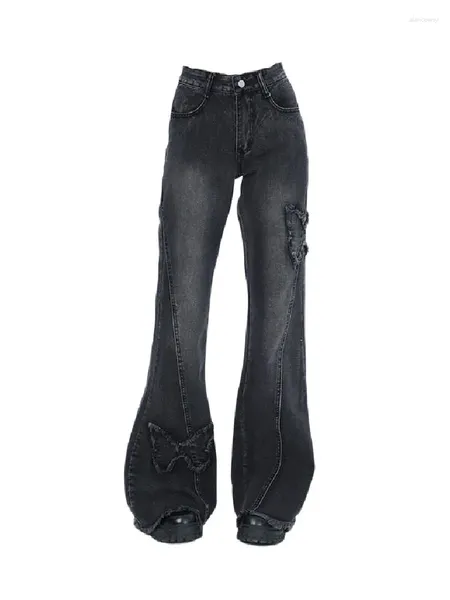 Jeans pour femmes American Retro Washed Black Flare Taille basse Slim Bell Bottoms Gyaru Fashion E-Girl Denim Pant Pantalon High Street Gothic