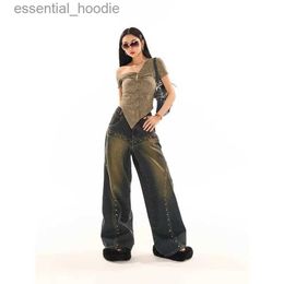 Jeans féminins American rétro lavé haut taille jean Fashion Street Pantalon de jambe large de style harajuku Hip-hop Spicy Girl Y2K Tableau nouveau C240411