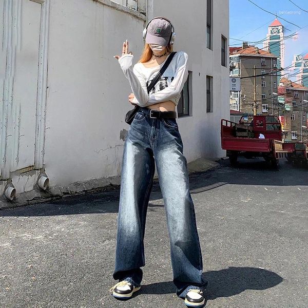 Jeans pour femmes American Retro Washed Simple Tube droit Lâche Pantalon à jambes larges Long Automne Hiver Femme Y2k Stretch