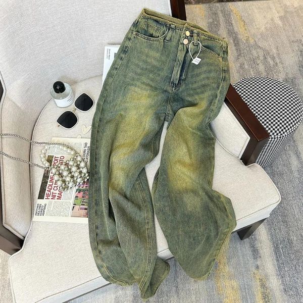 Women's Jeans American Retro Yellow Mud High Waist Wide Leg Denim Pants Spring Autumn Street Female Straight Distressed