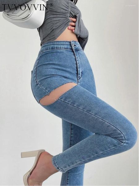 Jeans femeninos American Spicy Tvvovvin Girls Sexy Hole Slim High Wisting Feet Pithle Pithing pantalones Fashion Women Bof8