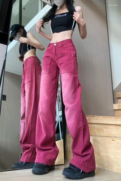 Jeans pour femmes américains droits rétro rouge printemps automne style de rue chic jeune fille taille haute jambe large pantalon en denim