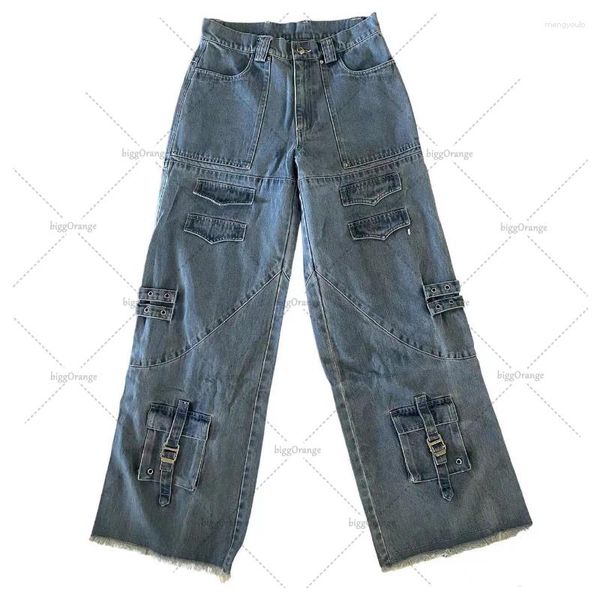 Jeans féminins American Street Heavy Industry Multi Pocket Women 2024 rétro lavé Danse Wide-leg Mopping Saut trottoir