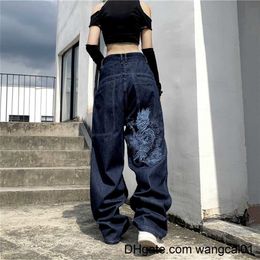 Jeans femme American street hip hop dragon broderie rétro taille haute ample droit large g jeans fa Y2K Harajuku wild jeans coup 0410H23