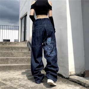 Damesjeans American Street Hip Hop Dragon Borduurwerk Retro High Taille Losse rechte breedbeen jeans Vrouw Y2K Harajuku Wild Couple 230325