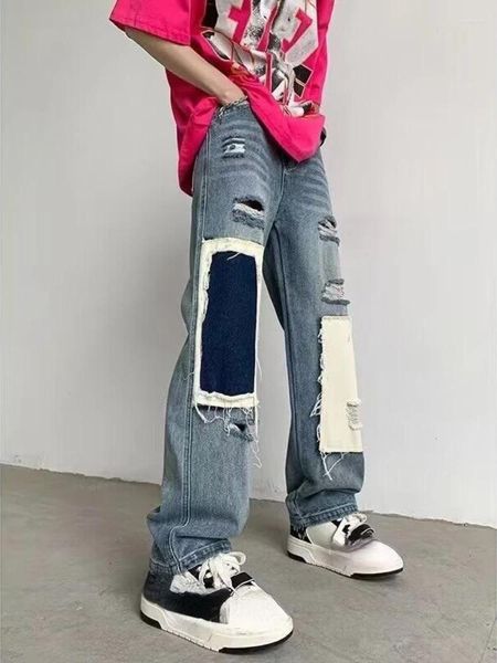 Pantalones vaqueros para mujer, ropa de calle americana, cintura alta, Patchwork, contraste de Color, pantalones con agujeros, otoño Y2k Harajuku, ropa Vintage 2023