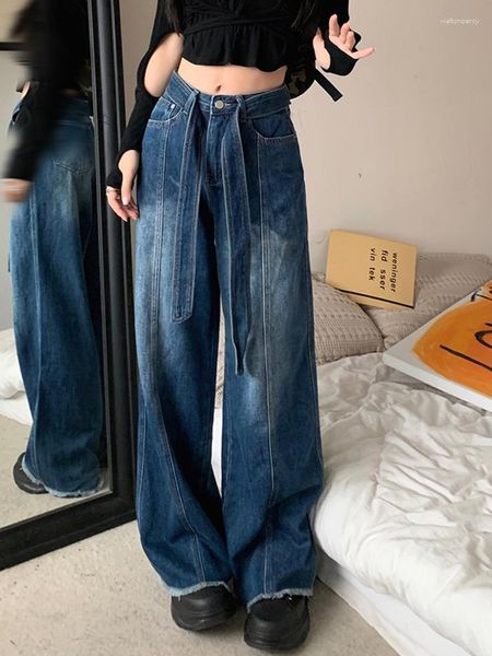 Jeans pour femmes style américain vadrouille à cheveux conception d'été sangle sensorielle taille haute pantalon droit ample jambes larges pantalon marée