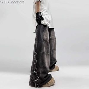 Jeans féminins style américain surdimensionné de poche de poche rétro de poche pour hommes y2k hip-hop punk large jambe droite noire denim pantalon yq240423