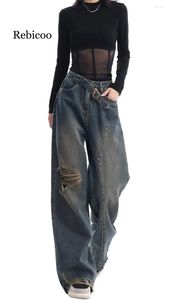 Jeans pour femmes Style américain rétro mode taille haute déchiré jambe large printemps bord ample pantalon droit
