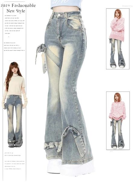 Jeans para mujeres Estilo americano Vintage Pantalones de mezclilla Pantalones de bengala Mujeres Primavera Autumn High Wisting Slim Straight Fashion Tendencia larga