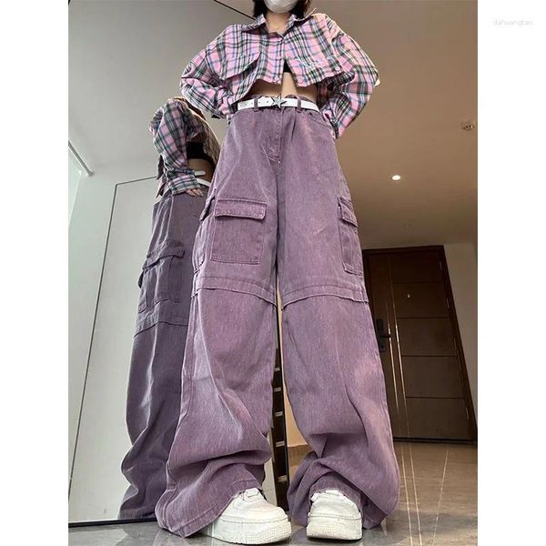 Jeans De Mujer Estilo Americano Vintage Mujer Verano Baggy Cintura Alta Casual Monos Púrpuras Aspecto Salvaje Pantalones De Pierna Ancha Lavados Finos