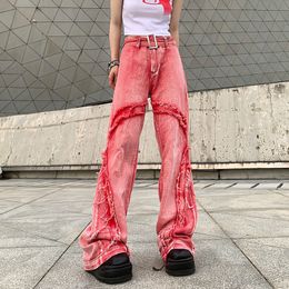 Damesjeans in Amerikaanse stijl Vintage gewassen rauwe rand mode mode hoge taille casual broek brede poot jeans vrouwen y2k streetwear baggy roze broek 230412