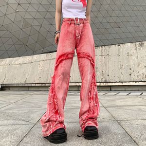 Jeans da donna stile americano vintage lavato bordo grezzo moda pantaloni casual a vita alta gamba larga Jean Y2k streetwear pantaloni larghi rosa 230522