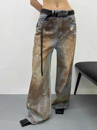 Damesjeans American Style Washed Distressed DirtyFit Tattered Loose Rechte pijpen Handgeschilderd Geverfd Geel Modder Wijde pijpen