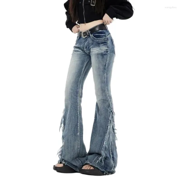Jeans para mujer American Vintage Blue Boyfriend Flare para mujer Ropa Primavera Otoño Borla Borde Diseño Low-rise Washed Denim Y2K Pantalones