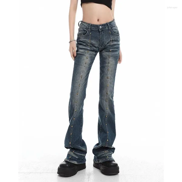 Jeans pour femmes, Vintage américain, rivets délavés, taille basse, mode rue, fille coréenne, extensible, Slim, Sexy, pantalon en Denim Micro-évasé