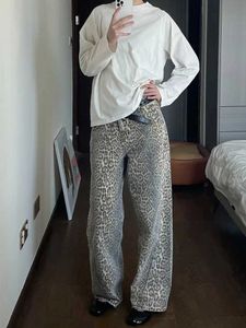 Damesjeans Amerikaans gewassen luipaard print wide been jeans voor vrouwen retro street noodlijdende nieuwe Harajuku -stijl hottie baggy y2k casual pantsl2403