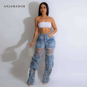 Jeans pour femmes Anjamanor Y2K jeans déchirés pantalons de cargaison de denim bleu clair