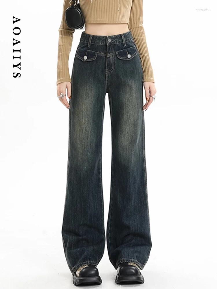Jeans pour femmes Aoaiiys Blue High Taille Femme Denim Pantalon Streetwear Épissé Large Jambe Maman Mode Pleine Longueur Pantalon Droit