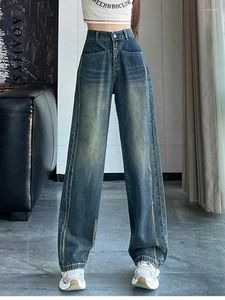 Jeans pour femmes Aoaiiys Bleu Déchiré Pour Femmes Denim Pantalon Y2k Chic Rayé Mode Taille Haute Streetwear Droite Jambe Large