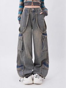 Damesjeans Aoaiys Cargo voor dames Denim broek Zakken Trekkoord Vintage gewassen hoog getailleerde streetwear losse modebroek