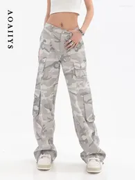 Jeans pour femmes Aoaiiys gris cargo femmes denim pantalon taille haute streetwear cordon camouflage poches mode droite