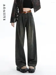 Jeans pour femmes aoaiiys femmes hautes taille gris lâche décontractée pantalon vintage bergers poches denim streetwear