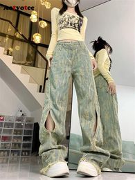Jeans pour femmes Aotvotee Bleu Déchiré Pour Femmes 2024 Mode Streetwear Taille Haute Pantalon Droit Vintage Lâche Large Jambe Longue