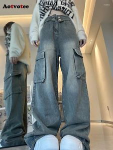 Damesjeans Aotvotee Cargo Women Streetwear High Tailed Blue Wide Leg Denim Pants volledige lengte Vintage Cuffs Chic Pockets broek