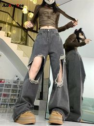 Jeans pour femmes Aotvotee gris foncé déchiré pour femmes 2024 mode streetwear taille haute pantalon droit vintage lâche jambe large