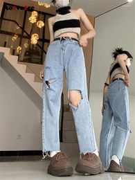 Jeans féminins aotvotee bleu clair pour les femmes 2024 Streetwear Loose Ripped Ligne chic