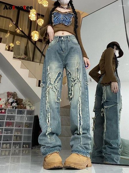 Jeans pour femmes Aotvotee Effet Moustache pour femmes 2023 Mode Lavé Do Old Denim Pantalon Casual Lâche Taille Haute Jambe Large