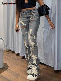 Jeans pour femmes Aotvotee déchiré pour femmes 2023 taille haute mode coréenne streetwear slim vintage crayon stretch décontracté 230825