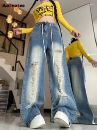 Jeans pour femmes aotvotee vintage lavé déchiré pour les femmes 2024 la mode craquée lâche taille droite de la jambe large de la jambe