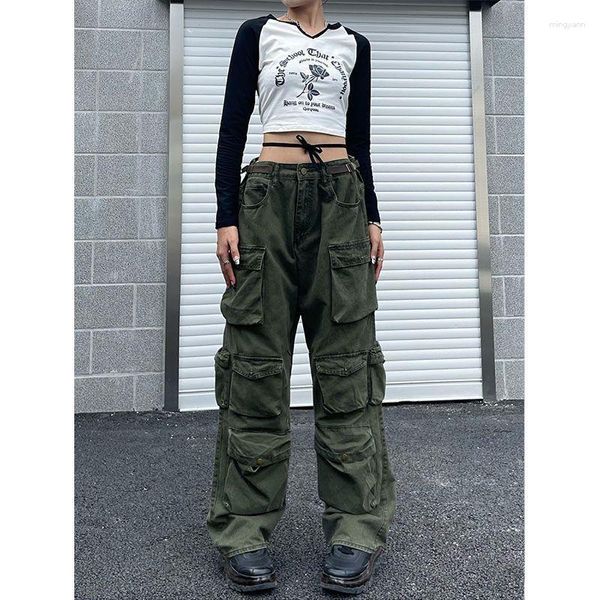 Pantalones vaqueros de mujer verde militar pantalones de pierna ancha sueltos multibolsillo Vintage Cargo Casual sólido cintura alta de gran tamaño mujer calle