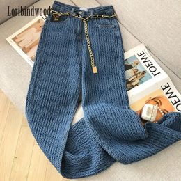Jeans féminins automne tout-correspondant Higt Waist Pockets Patchwork Button Pantalon de jambe large lavé Zipper Advanced Blue Women Tendance droite