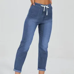 Pantalon de denim d'automne de jeans pour femmes pantalons hauts hauts avec des poches à lacets à lacets à élasticité slim pour la mode