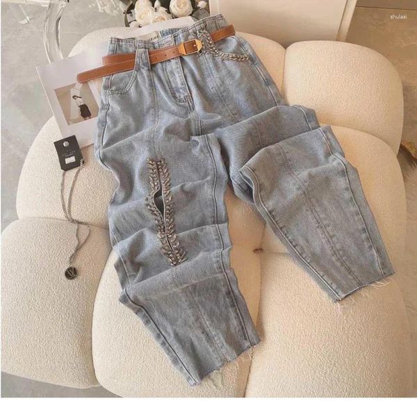 Jeans pour femmes conception d'automne sens de perle lourde cloue évidente de pantalon droit denim en désinymerie haute taille femmes