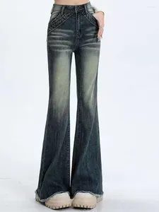 Jeans pour femmes automne français vintage denim pantalon femmes coréen designer taille haute décontractée femme bleu élégant rétro évasé 2023