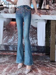 Jeans féminins automne coréen mode Sweet High Waited Goods Luxury Crystals colorés Crystals Slim Pantalon Bootcut