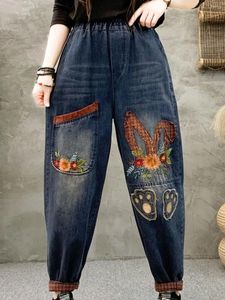 Jean pour femmes automne littéraire vintage broderie lâche dessin animé denim pantalon harem femme