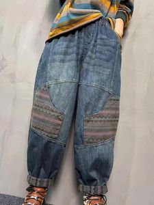 Damesjeans herfst literaire vintage losse patch elastische taille streetwear denim broek vrouw patchwork rechte zakken harembroek