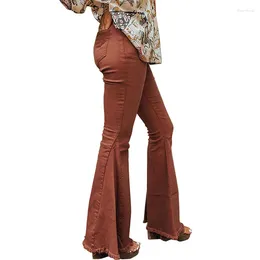 Dames jeans herfst vaste kleur pocket knop hoge taille vrouw vintage fakkels broek