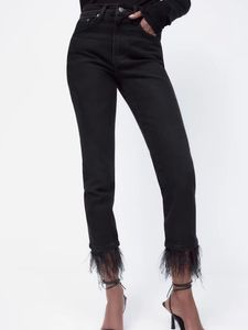 Jeans pour femmes Automne Hiver Noir Plume Garniture Stretch Poches Zip Design Denim Pantalon Mode High Street Style 230111