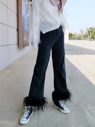 Jeans femme automne hiver mode plume d'autruche décoratif noir taille haute droite ample légèrement évasé recadrée Denim pantalon