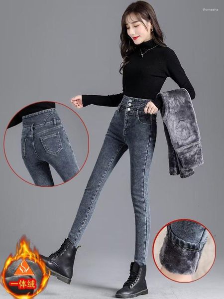 Jeans pour femmes automne hiver taille haute en peluche chaud pour les femmes élastiques ajustement mince petit pied épais denim pantalon bouton legging