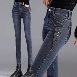 Jeans feminino outono inverno velo grosso cintura alta quente skinny feminino botão elástico jeans lápis lápis calças casuais de veludo