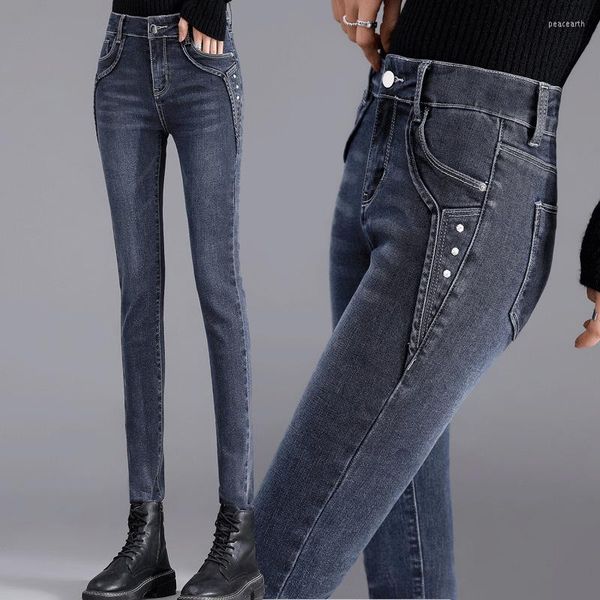 Pantalones vaqueros de mujer Otoño Invierno de lana gruesa de cintura alta cálidos ajustados para mujer pantalones de lápiz de mezclilla con botones elásticos pantalones casuales de terciopelo