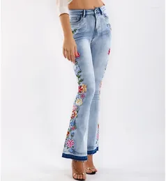 Jeans pour femmes Ayualin vintage haute taille coton pantalon de jean décontracté broderie florale mince femme d'été boho dames flare jambe