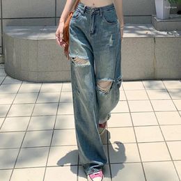 Calças de brim femininas baggy azul para mulher 2023 cintura alta solta perna larga casual rasgado calças coreano y2k streetwear calças jeans roupas